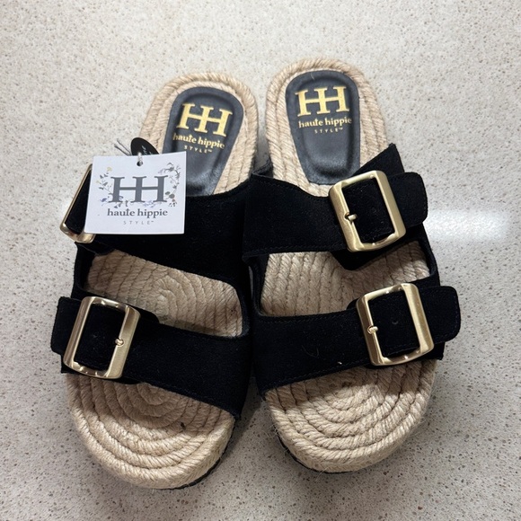 Haute Hippie Black Sandals with Gold Accents - Picture 1 of 7